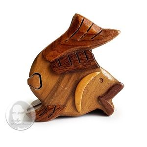 Wooden Fish Trinket Case Puzzle Box Stash Home Decor Vintage Artisan